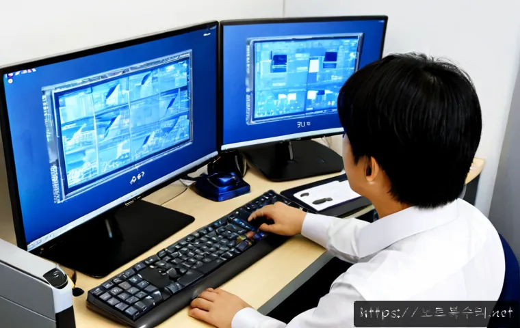 신대동 KERNEL_SECURITY_CHECK_FAILURE - Photorealistic IT support workstation in a compact Korean office near an industrial-residential dist...