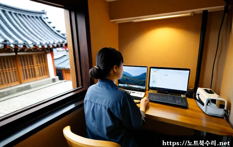 궁정동 BUGCODE_USB_DRIVER - Photorealistic remote-support workstation in a quiet Jongno-dong office, desktop tower opened beside...