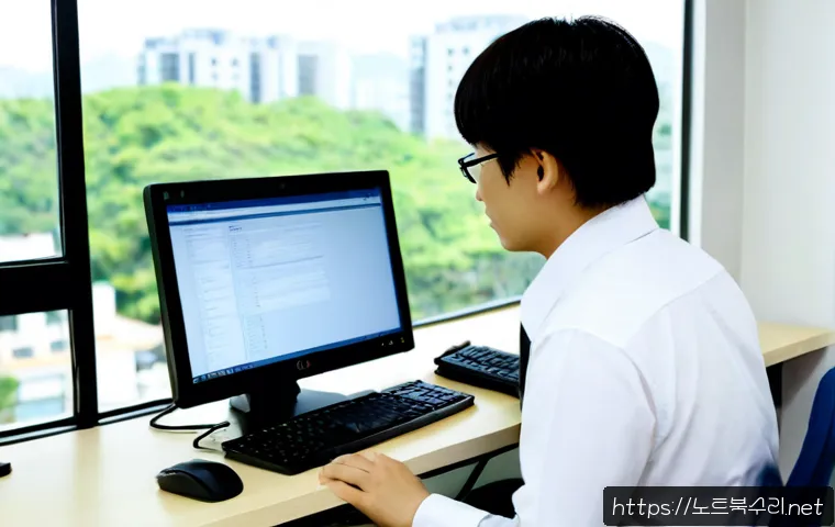 군포동 STATUS_SESSION_TIMEOUT - Photorealistic IT support workstation in a compact Korean office, dual monitors showing a clean abst...