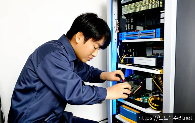 논곡동 하드조립 및 교체수리 - Photorealistic computer repair bench in a compact urban Korean apartment workspace, technician insta...