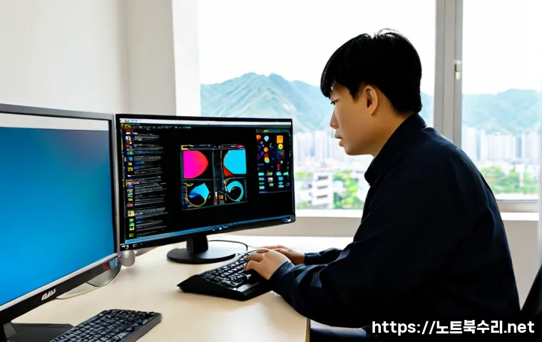 조남동 STATUS_KERNEL_BLOCKED - Photorealistic IT support workstation in a quiet suburban Korean office, dual monitors showing a cle...