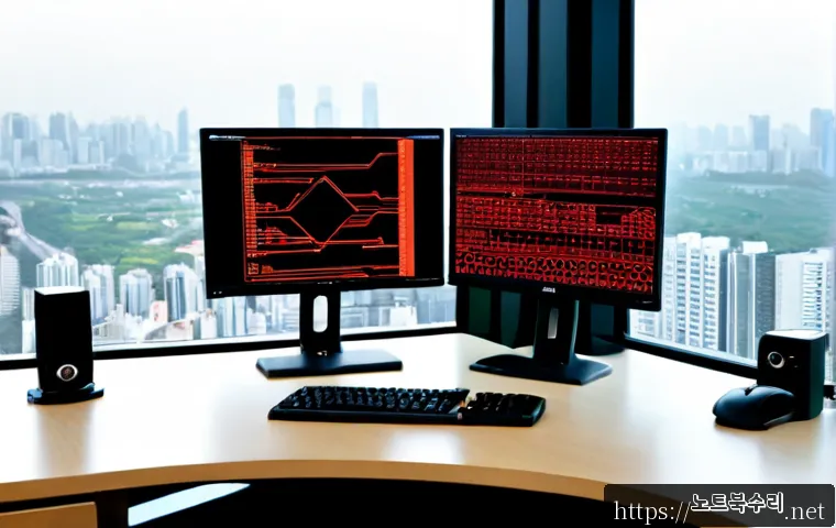 여의도 STATUS_KERNEL_DISK_ERROR - Photorealistic IT support workstation in a high-rise Yeouido office, dual monitors showing abstract ...