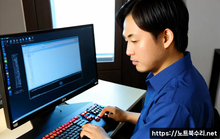 행운동 운영체제 os 재설치 포맷 초기화 - Photorealistic IT technician reinstalling an operating system on a powerful dual-monitor workstation...
