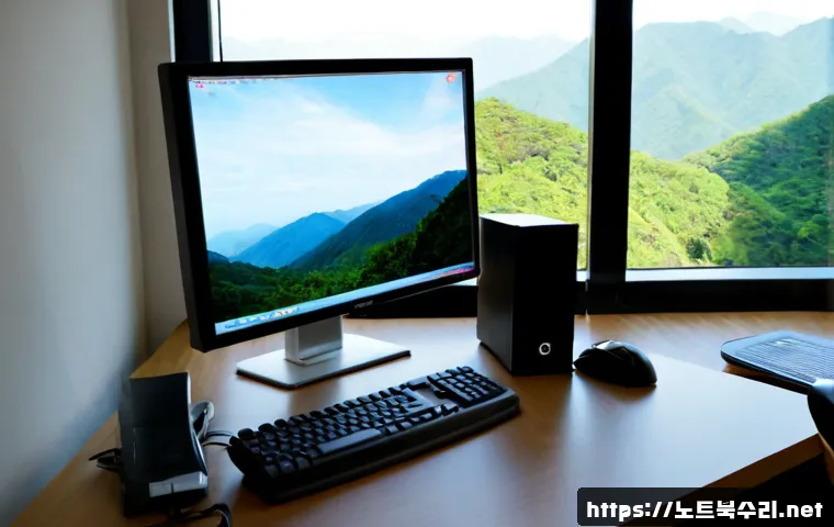 벽제동 a disk read error occurred - Photorealistic IT support workstation in a quiet Byeokje-dong office, desktop monitor showing a dark...