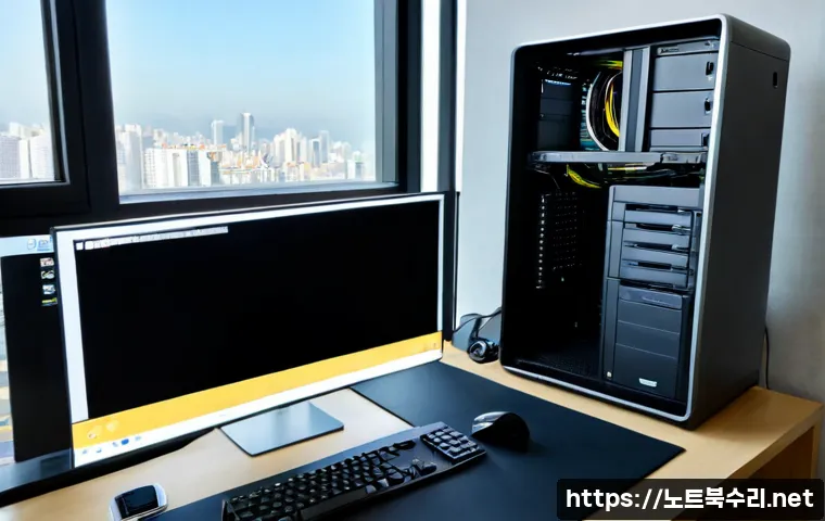 반포동 bootdevice - Photorealistic IT support workstation in a refined Banpo apartment study, desktop tower opened besid...
