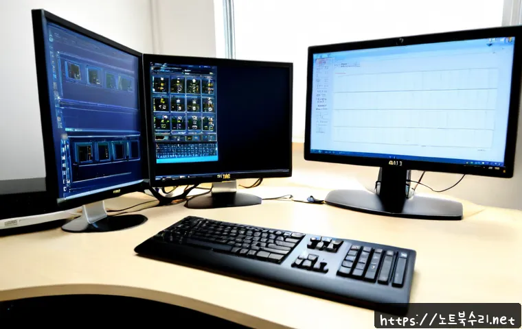 용이동 CRITICAL_OBJECT_TERMINATION - Photorealistic IT support workstation in a modern Yongin neighborhood office, dual monitors showing ...