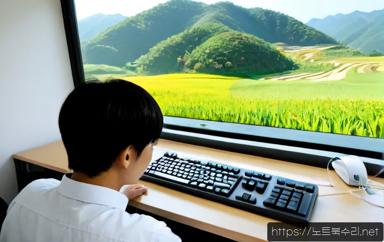 옥천면 STATUS_FILE_CORRUPTION - Photorealistic remote-support workstation in a quiet rural Korean county office, dual monitors showi...