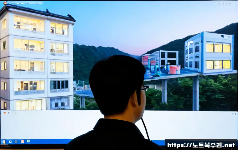 동두천동 KERNEL_SECURITY_CHECK_FAILURE - Photorealistic IT support workstation in Dongducheon-dong, dual monitors showing a blank blue system...