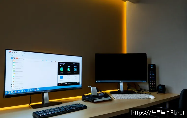 동양동 절전모드 - Photorealistic remote-support workstation in a quiet Dongyang-dong apartment, dual monitors showing ...