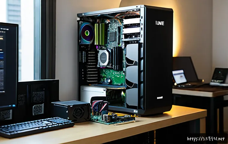 일직동 컴퓨터업그레이드 - Photorealistic desktop computer upgrade workbench in a modern apartment near Iljik-dong, technician ...
