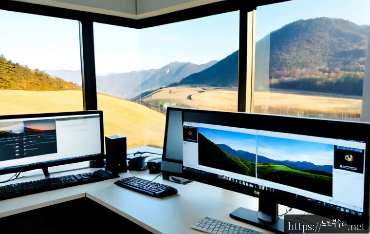 관인면 STATUS_KERNEL_PERMISSION_DENIED - Photorealistic remote-support workstation in a quiet rural Korean office, dual monitors showing abst...
