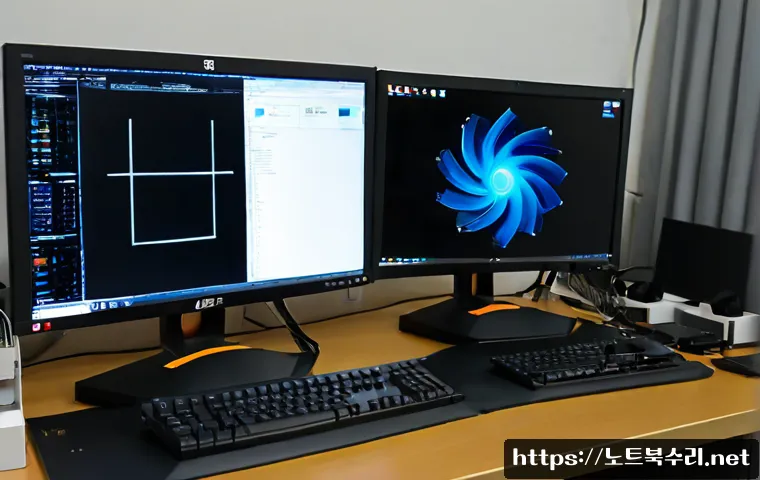 둔대동 STATUS_RESOURCE_NOT_OWNED - Photorealistic IT support workstation in a compact Dundae-dong office, dual monitors showing an abst...