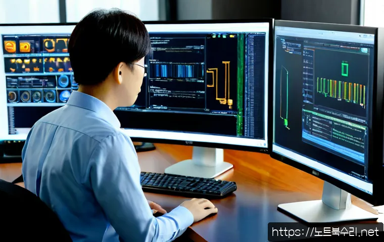 포천시 STATUS_KERNEL_BLOCKED - Photorealistic IT support workstation in a modern office near Pocheon, dual monitors showing abstrac...