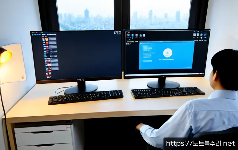 쌍문동 STATUS_FILE_IN_USE - Photorealistic remote-support workstation in a compact Ssangmun-dong apartment office, dual monitors...