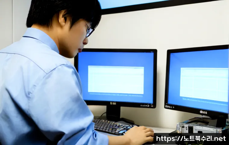 간석동 BAD_POOL_CALLER - Photorealistic IT support workstation in a compact Korean neighborhood office, dual monitors showing...