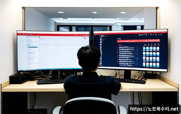 장현동 SYSTEM_LICENSE_VIOLATION - Photorealistic IT support workstation in a modern Janghyeon-dong apartment office, dual monitors sho...