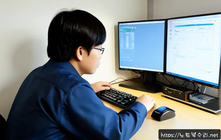 신모산동 STATUS_INVALID_OBJECT - Photorealistic IT support workstation in a compact Korean apartment office, a technician reviewing a...