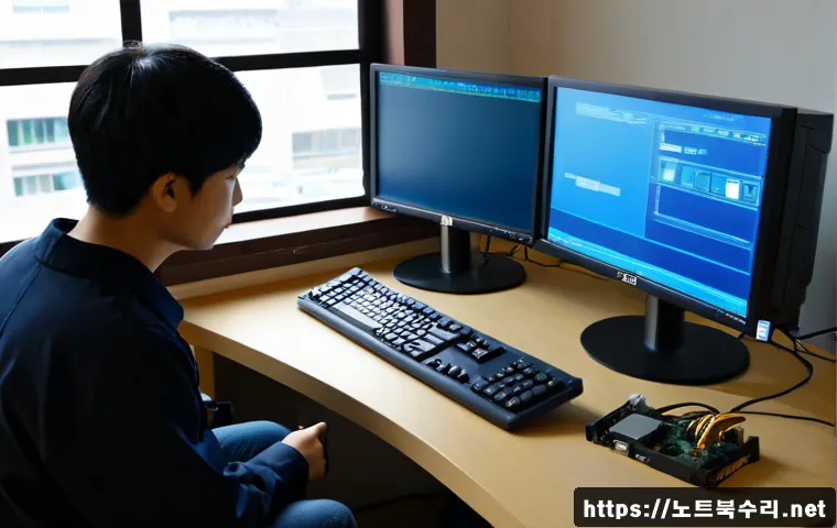 궁동 STATUS_KERNEL_EXECUTION_ERROR - Photorealistic computer repair desk in a compact university-district studio, dual monitors showing a...