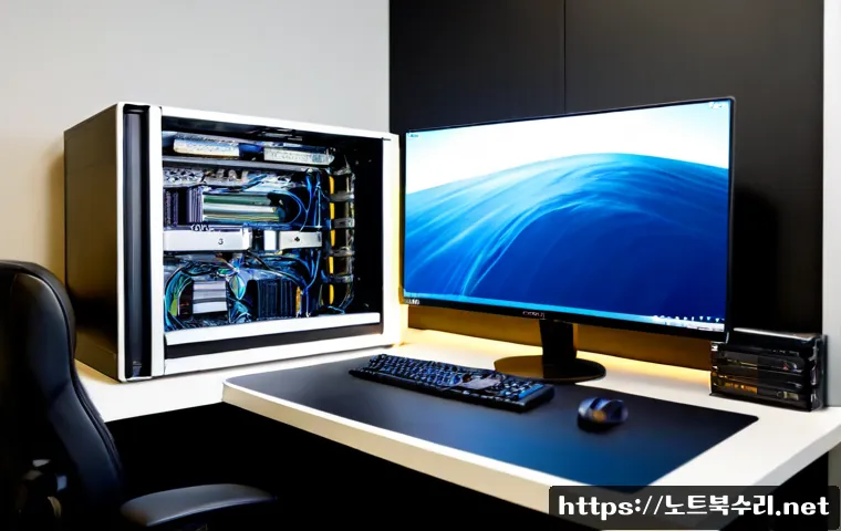 흥인동 pc복구중 - Photorealistic PC recovery workstation in a compact Heungin-dong office, desktop tower opened beside...