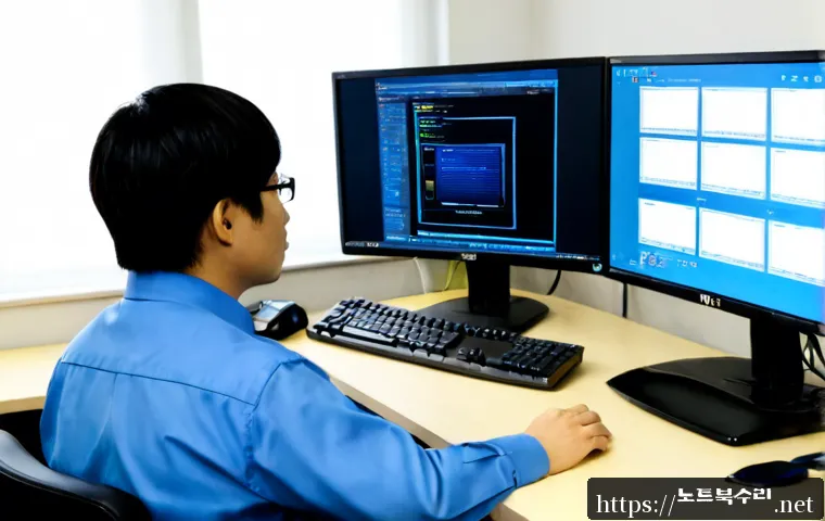 초지동 STATUS_KERNEL_DRIVER_CORRUPTION - Photorealistic IT support workstation in a quiet Korean suburban office district, dual monitors show...