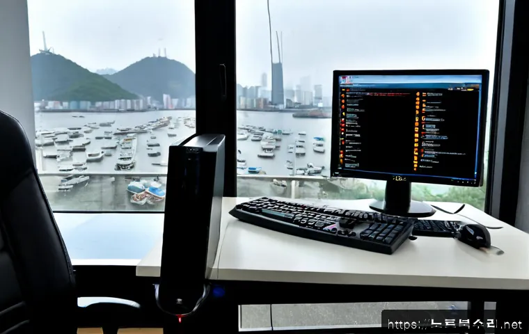 부산동 STATUS_KERNEL_BOOT_DRIVE_ERROR - Photorealistic remote IT support workstation in a compact Busan neighborhood office, desktop monitor...