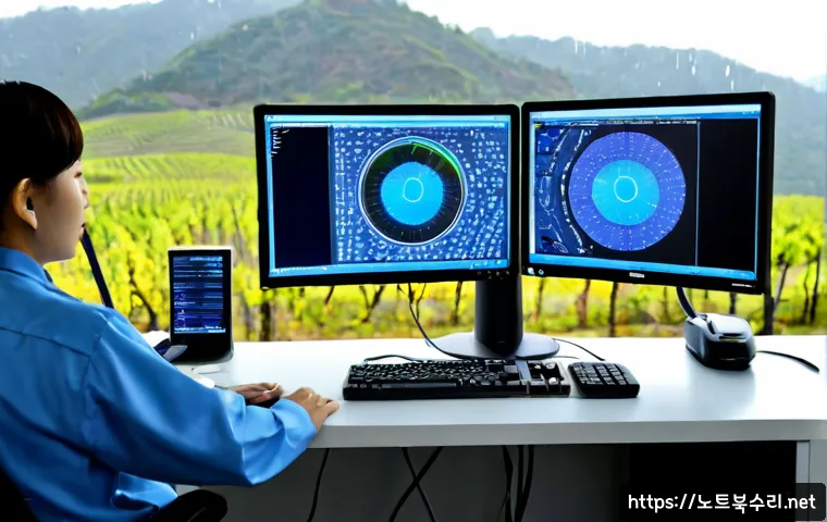 영동 STATUS_KERNEL_STACK_CORRUPTION - Photorealistic IT support workstation in Yeongdong, dual monitors showing abstract blue diagnostic p...