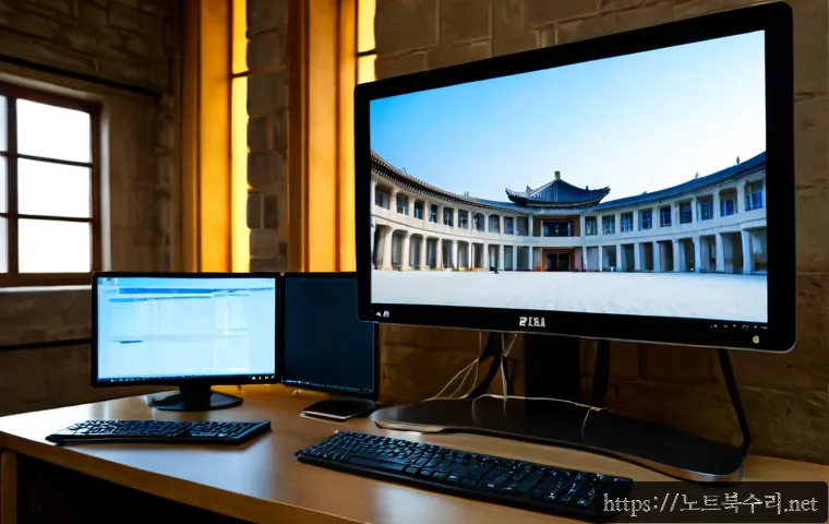 정동 STATUS_SYSTEM_FILE_MISSING - Photorealistic remote-support workstation in a refined historic-office district, dual monitors showi...