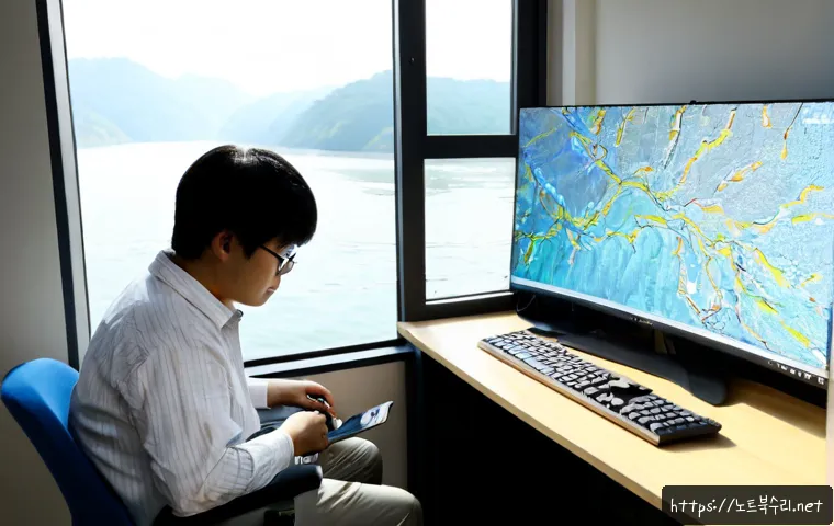 선유동 STATUS_IMAGE_CORRUPTION - Photorealistic IT support workstation in a compact riverside office near Seonyudo, dual monitors sho...
