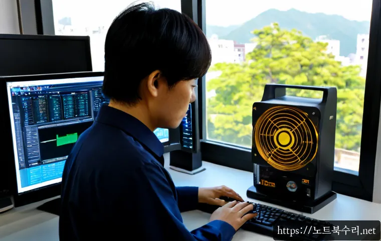 부림동 NTLDR is compressed - Photorealistic IT support workstation in a compact Burim-dong office, technician examining a desktop...