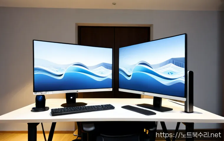 용두동 STATUS_FLOAT_INVALID_OPERATION - Photorealistic IT support workstation in Yongdu-dong, Seoul, dual monitors showing a clean abstract ...