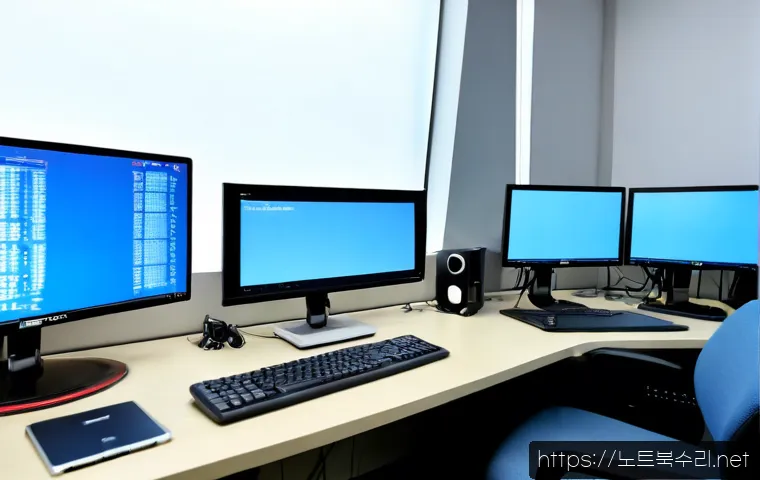 인계동 STATUS_KERNEL_FILE_SYSTEM_ERROR - Photorealistic IT support workstation in a modern Suwon business office, dual monitors showing a bla...