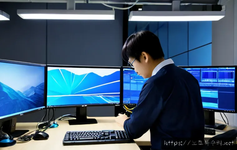 용답동 STATUS_KERNEL_MODE_EXCEPTION - Photorealistic IT support workstation in a compact Seoul industrial office, desktop monitor showing ...