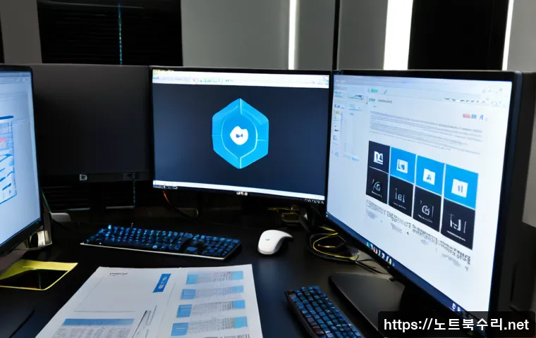 가산동 STATUS_FILE_LOCK_CONFLICT - Photorealistic IT support workstation in a modern Gasan-dong technology office, dual monitors showin...