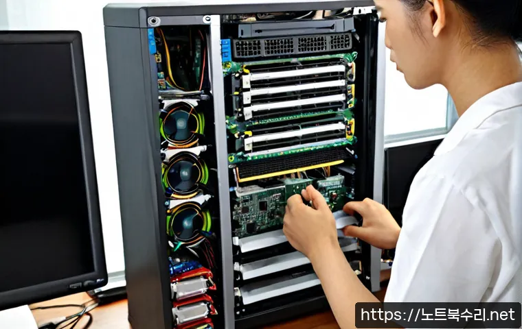 상일동 메모리조립 및 교체수리 - Photorealistic computer repair workstation in a compact Sangil-dong apartment office, technician car...