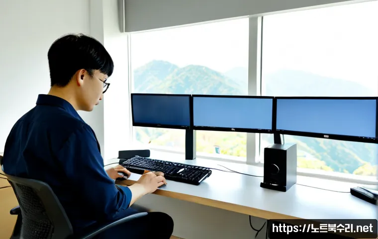 양산동 INVALID_KERNEL_HANDLE - Photorealistic IT support workstation in a compact Korean apartment office, dual monitors displaying...