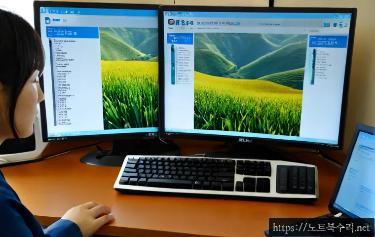 서운면 UDFS_FILE_SYSTEM - Photorealistic remote-support workstation in a quiet Anseong county office, dual monitors showing an...