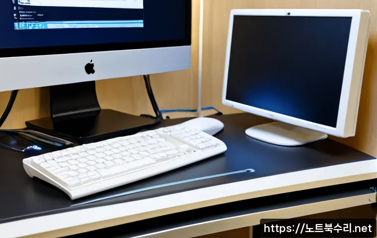 발산동 해킨토시 재설치 포맷 초기화 - Photorealistic desktop support workstation in Balsan-dong, a sleek all-in-one computer booted into a...