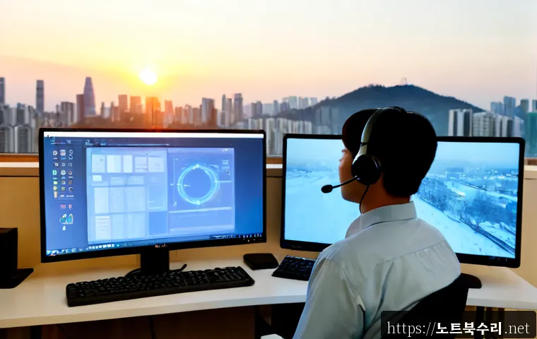 탄벌동 WIN32K_LOCK_HELD_TOO_LONG - Photorealistic remote-support workstation in a quiet Tanbeol-dong apartment office, dual monitors sh...
