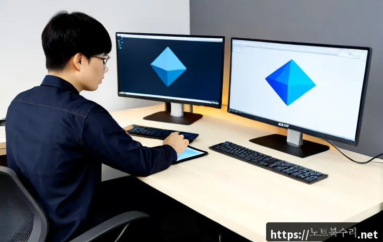 남학동 STATUS_FLOAT_INVALID_OPERATION - Photorealistic compact software support studio in Namhak-dong, a workstation with dual monitors show...