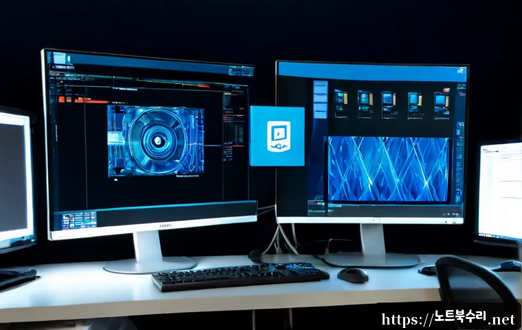 사음동 STATUS_KERNEL_REGISTRY_ERROR - Photorealistic IT support workstation in a quiet industrial office district, dual monitors showing a...