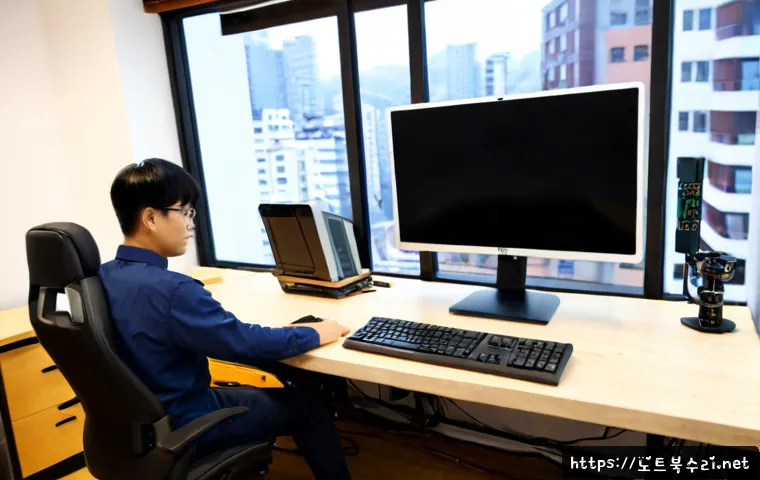 수표동 조립컴퓨터 pc 출장판매설치 - Photorealistic on-site desktop PC installation in a compact Supyo-dong office, technician connecting...