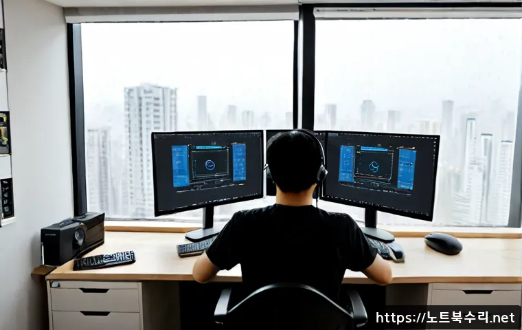길음동 IO1_INITIALIZATION_FAILED - Photorealistic IT support workstation in a compact apartment office, dual monitors showing a blank d...