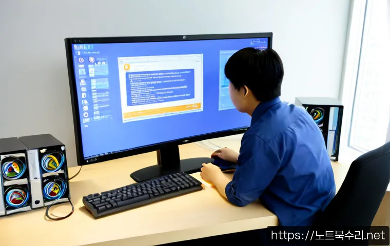 광남동 STATUS_MEMORY_VIOLATION - Photorealistic IT support workstation in a modern Gwangnam-dong apartment office, dual monitors show...