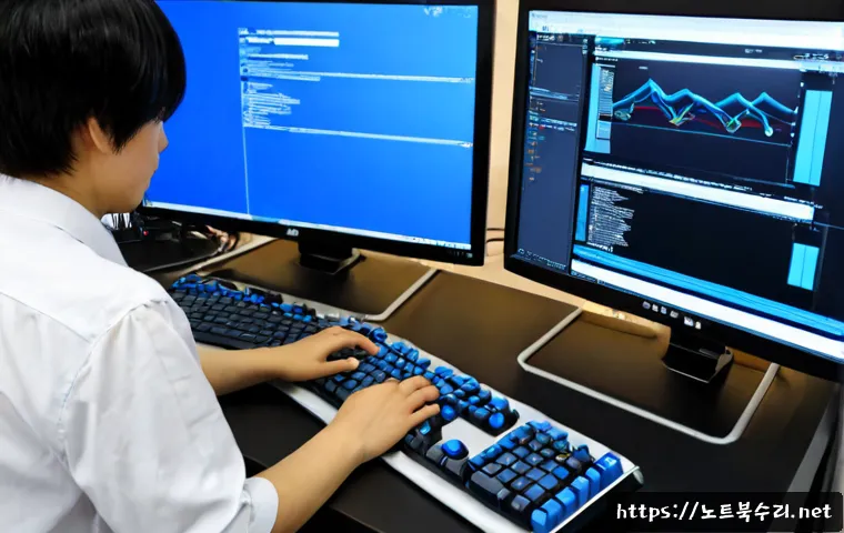 오정구 BAD_POOL_CALLER - Photorealistic IT support workstation in a quiet Bucheon Ojeong-gu office, dual monitors showing a n...