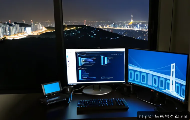 약수동 STATUS_KERNEL_DEVICE_ERROR - Photorealistic remote-support workstation in a compact hillside apartment office, desktop PC with a ...