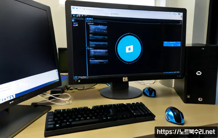 해곡동 IO1_INITIALIZATION_FAILED - Photorealistic IT support workstation in a compact Haegok-dong office, dual monitors showing a blank...