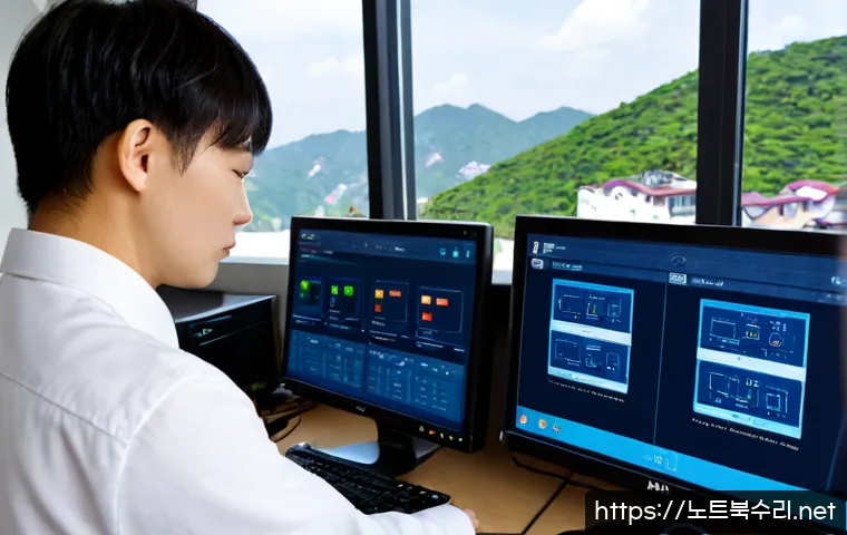 미아동 네트워크구축 설정 및 세팅오류해결 - Photorealistic IT technician configuring a compact office network in a Mia-dong apartment workspace,...
