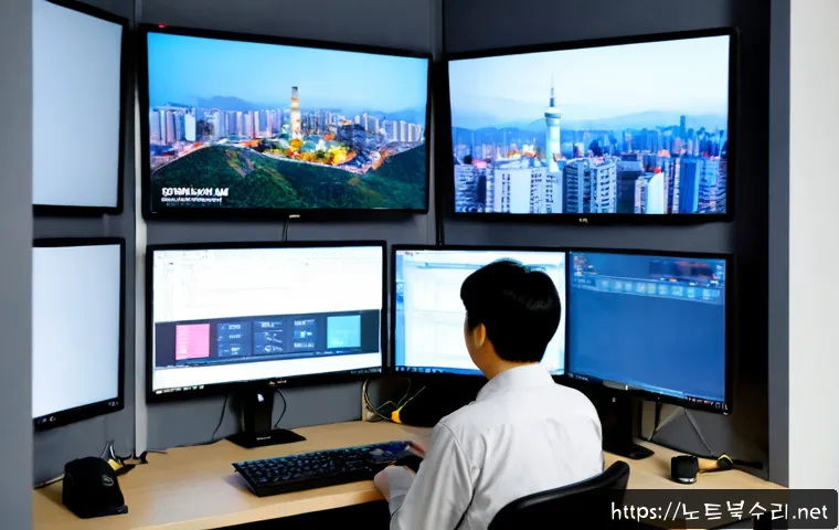 금촌동 SOFTWARE_EXCEPTION - Photorealistic remote-support workstation in a compact Geumchon-dong apartment office, dual monitors...