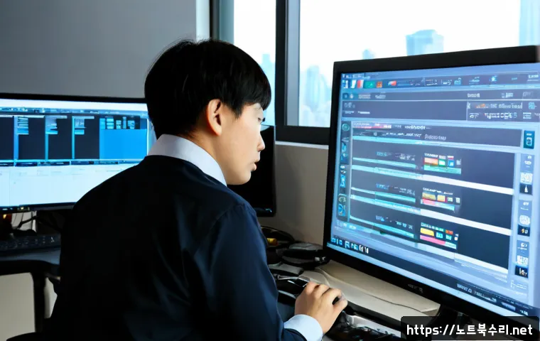 서구 STATUS_CONNECTION_REFUSED - Photorealistic remote-support workstation in a modern Seo District office, frustrated IT technician ...