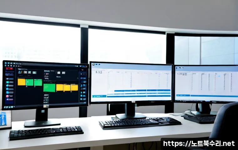 신계동 SESSION_HAS_VALID_VIEWS_ON_EXIT - Photorealistic IT support workstation in a compact Singye-dong office, dual monitors showing a clean...